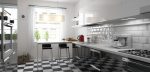 A white kitchen diner extension with a checkered flooring.